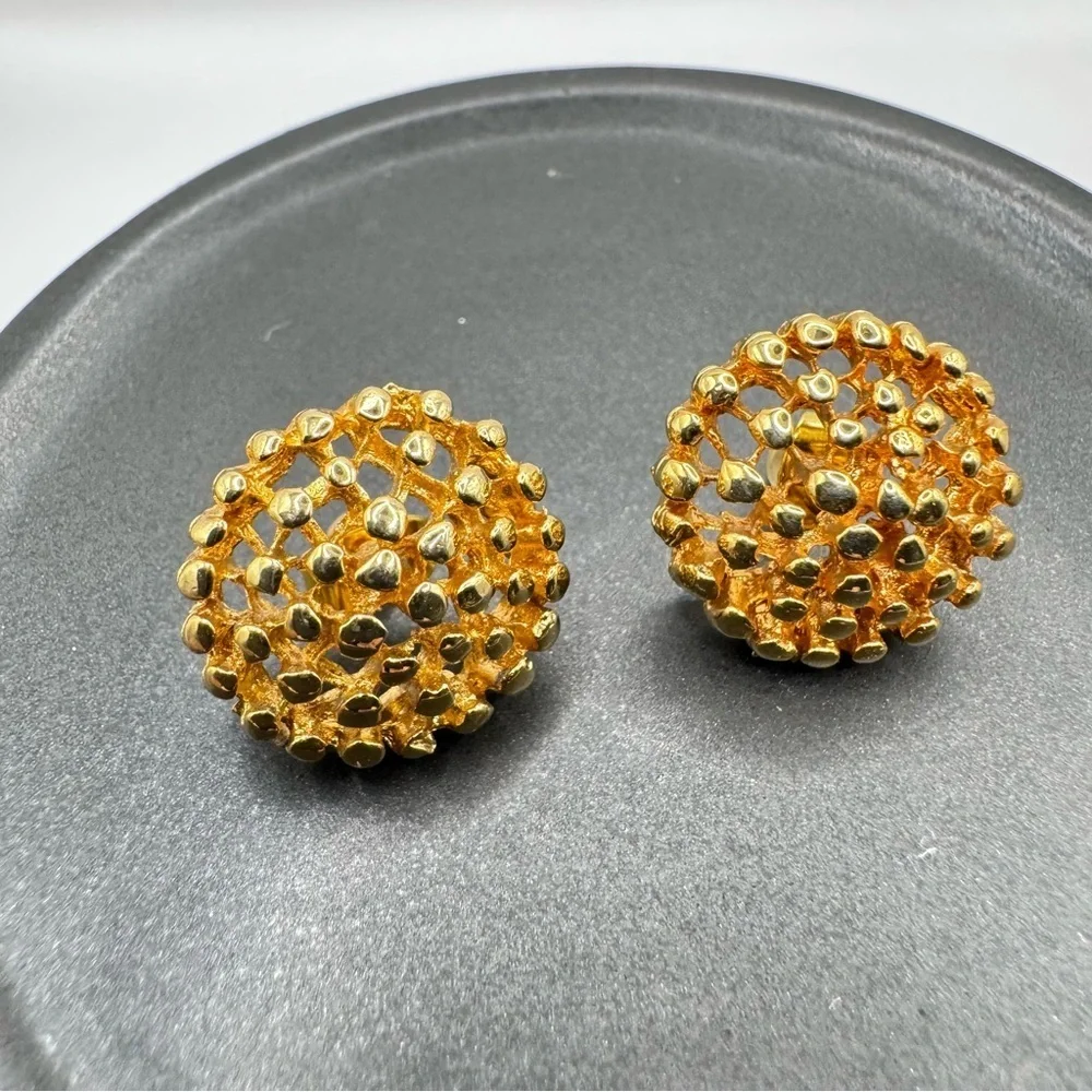 Vintage Gold Tone Textured Dome Stud Earrings | Brutalist Statement 3D Retro